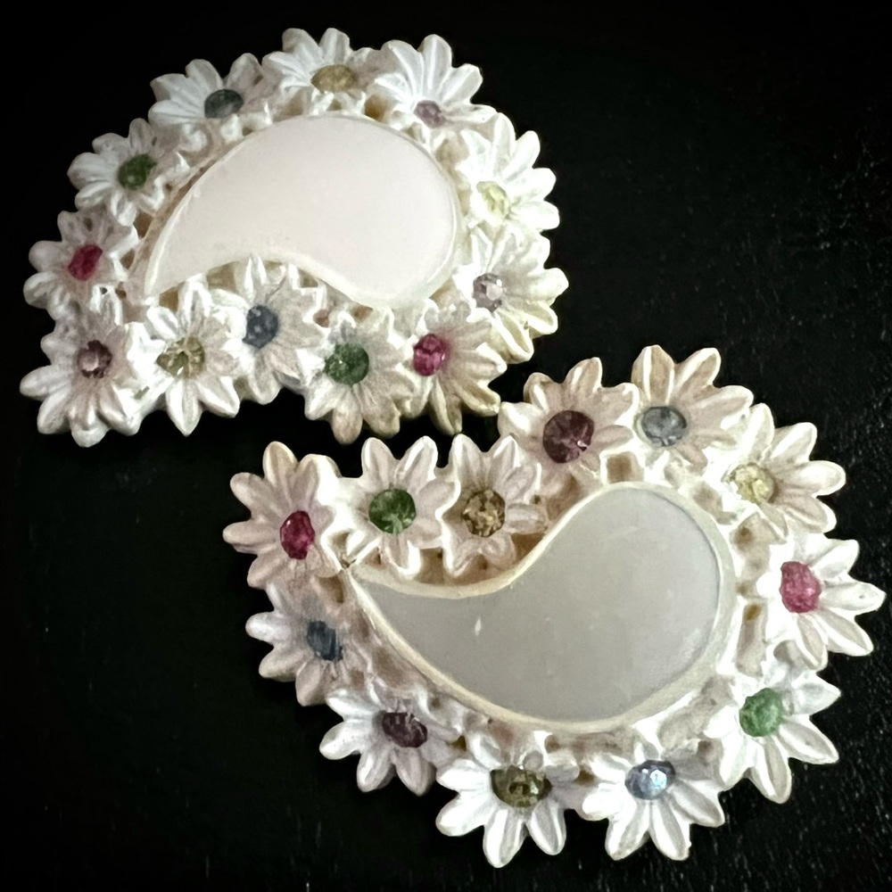 Vintage Carved Celluloid Earrings Rainbow Rhinestone Floral Ear Clips